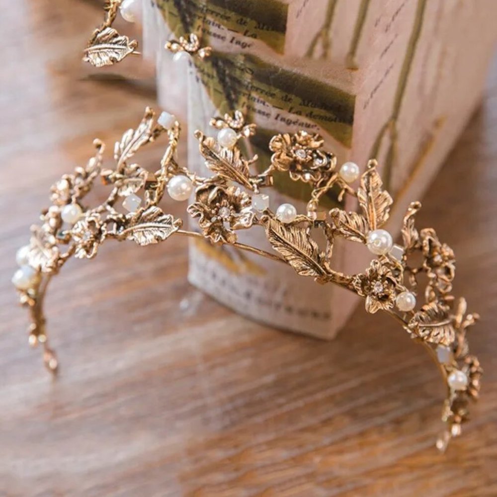 Golden Floral Tiara, Wedding Headpiece, Bridal Tiara, gold flower crown, goddess